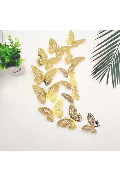 Yongsheng 12-Piece Hollow-Out 3D Butterfly Wall Decal Gold-Butterfly Wall Dec...