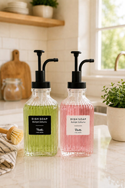 Karçiçeği Home Set of 2 Glass Liquid Soap Dispensers 500 ml – Kitchen Dispens...