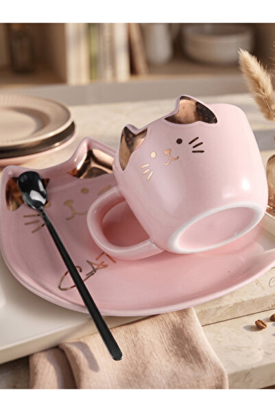 Bam Cat Design Ceramic Mug with Presentation Plate and Spoon and Gold Detail
