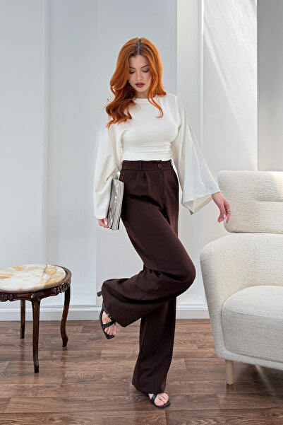 NEW JOURNAL Women's Brown Button Detailed Elastic Waist Palazzo Trousers Nj164