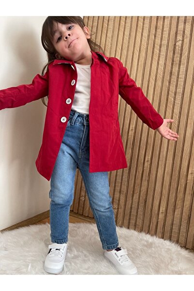 Orca Kids Fashion Unısex 4-8 Yaş Arası Yırtmaç Detaylı Kırmızı Trençkot