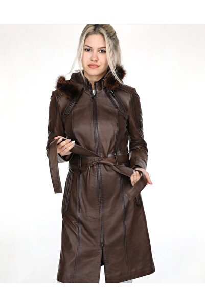 EGE DERİ 100% Genuine Lambskin Hazelnut Brown Fur Hooded Women's Overcoat 🧥