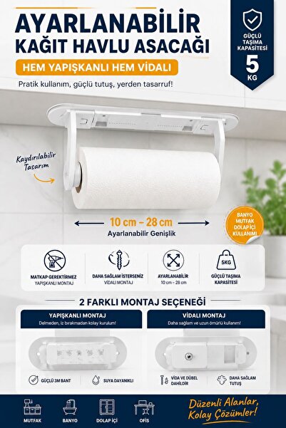 Funny Life Ayarlanabilir Kağıt Havlu Askılığı Yapışkanlı Vidalı Mutfak Banyo ...