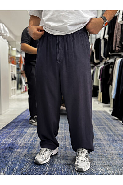 BYBASICMAN Pantaloni largi cu textură de in, albastru marin JJ-105