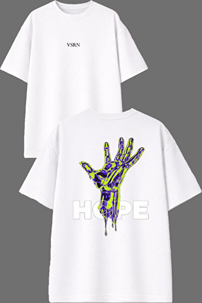 VSRN Tricou oversize alb cu imprimeu metalic, design manual, față și spate