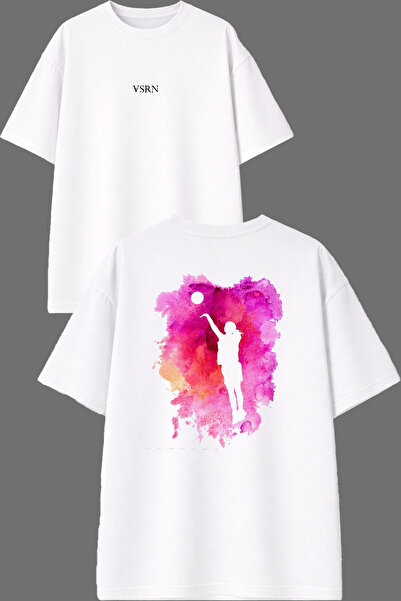 VSRN Tricou oversize alb cu imprimeu în față și în spate, cu design roz de ba...