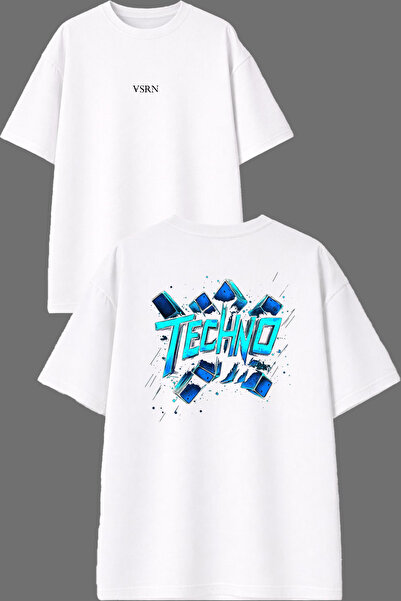 VSRN Techno Blue Design Front and Back Printed White Oversize t Shirt