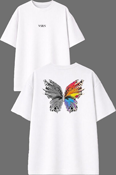 VSRN Tricou oversize alb cu imprimeu în față și în spate, cu design fluture c...