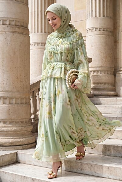InStyle Set casual verde mentă cu detalii cu volane și imprimeu