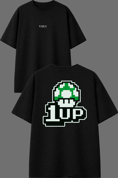 VSRN Tricou oversize negru cu imprimeu față și spate, design ciuperci, 1 Lvl