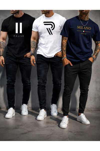 tkn your style Мъжка тениска от 3 части с дизайн с принт Paus Milano R в черн...