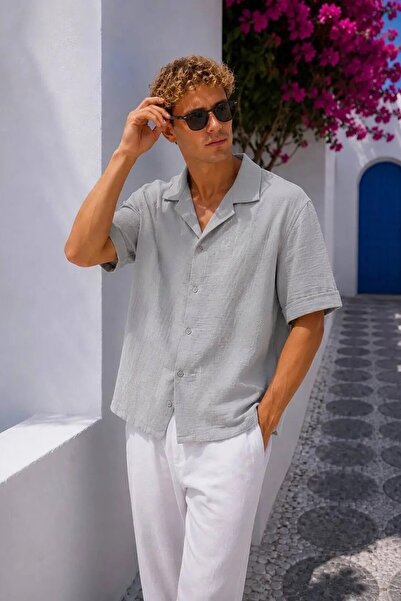 MADZEYMODA Men's Short Sleeve Muslin Shirt with Apaş Collar, Comfortable Fit,...