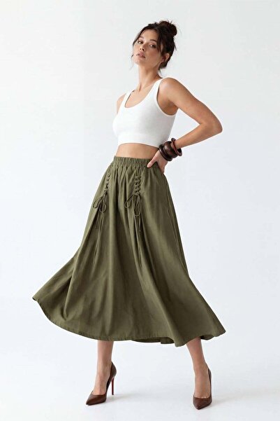 Büşra Ayhan Khaki Lace Detailed Midi Skirt-S