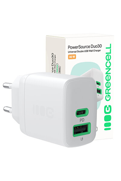 Greencell Încărcător de rețea PowerSource Duo30 30W 1xUSB-C 1xUSB-A PD 3.0 QC...