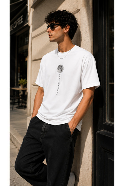 ENB1R MODA Λευκό Premium T-Shirt σε ιαπωνικό στυλ με στάμπα Moon