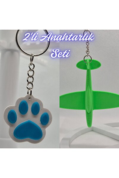 3DAtölyeMaker Light Blue Cat Paw and Green Airplane Keychain