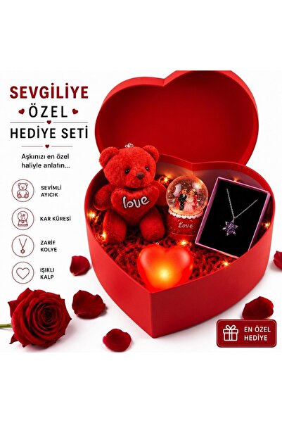 Kalpkutusu Özel Hediye Seti Işıklı Kalp Kar Küresi Lotus Çiçeği Kolye Ayıcıkl...