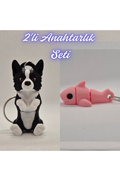 3DAtölyeMaker Black Border Flexible Dog and Light Pink Flexible Shark Keychain