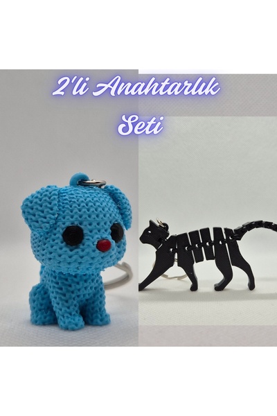 3DAtölyeMaker Light Blue Knitted Patterned Dog and Black Flexible Cat Keychain