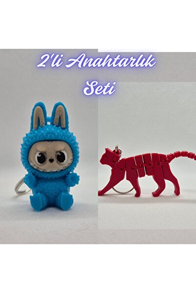 3DAtölyeMaker Light Blue Labubu and Fire Engine Red Flexible Cat Keychain