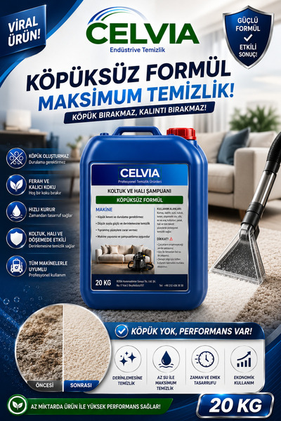 CELVIA Temizlik Koltuk ve Halı Yıkama Şampuanı 20 KG – Profesyonel Makine Şam...