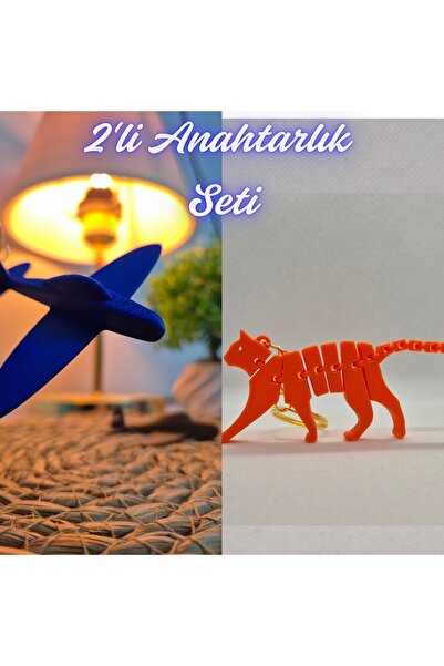 3DAtölyeMaker Blue Airplane and Orange Flexible Cat Keychain