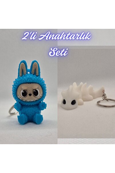 3DAtölyeMaker Light Blue Labubu and White Flexible Dragon Keychain