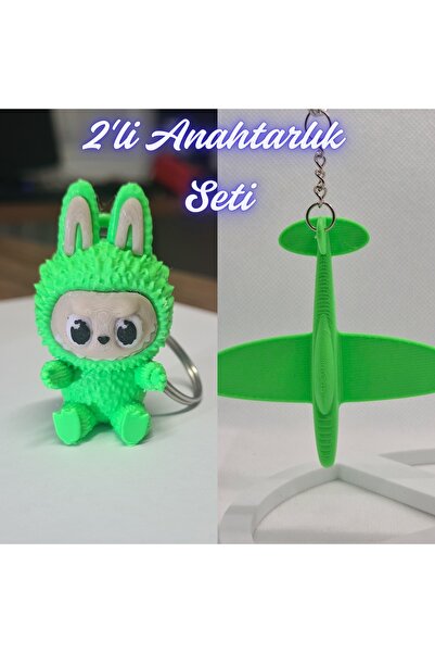 3DAtölyeMaker Green Labubu and Green Airplane Keychain