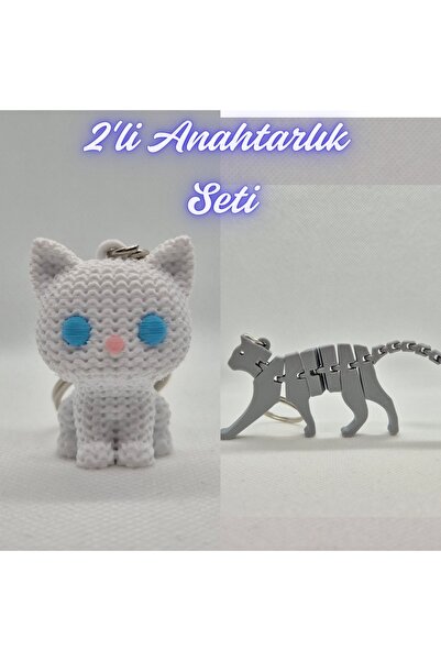 3DAtölyeMaker White Knitted Patterned Cat and Silver Flexible Cat Keychain