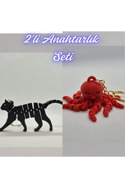 3DAtölyeMaker Black Flexible Cat and Pink Octopus Keychain