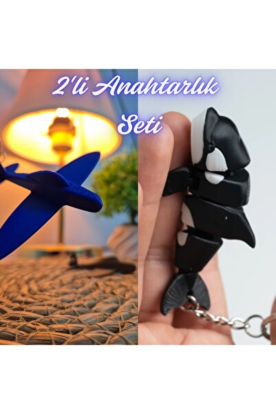 3DAtölyeMaker Blue Airplane and Black Flexible Whale Keychain