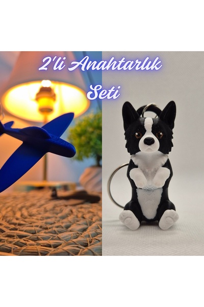 3DAtölyeMaker Blue Airplane and Black Border Flexible Dog Keychain