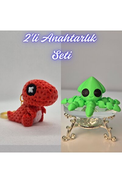 3DAtölyeMaker Red Knitted Pattern Moving Dino and Light Green Squid Keychain