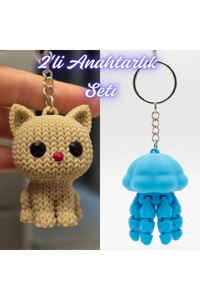 3DAtölyeMaker Cream Knitted Patterned Cat and Light Blue Moving Jellyfish Key...