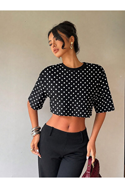 WEEST MODA تي شيرت نسائي قصير منقوش بنقاط البولكا، بلوزة صيفية أساسية كبيرة ا...