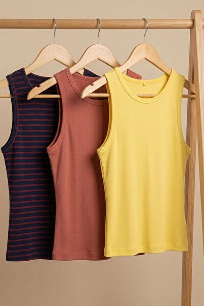 COTENCONCEPT 3 Pieces of Ribbed Fitted Viscose Blended Strappy T-Shirt