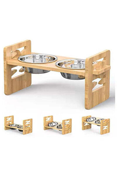Meng tuo 6-Level Adjustable Elevated Dog Bowls, Bamboo Pet Feeder with Stainl...