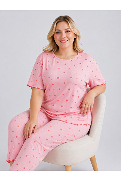 fameshomewear Plus Size O-Neck Pointeel Short Fabric Comfortable Wear Pajama Set