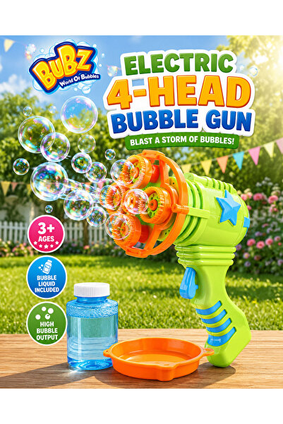 Bubz Electric 4-Head Bubble Gun for Kids with Bubble Liquid & Tray, Automatic...
