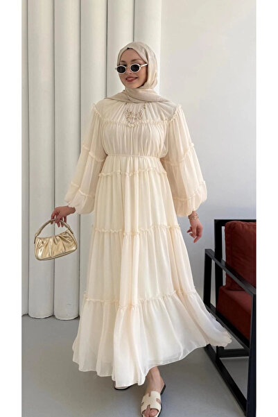 Butik Krem Şifon Kumaş İçi Astarlı Belden Bağlamalı Yazlık Elbise Modelimiz