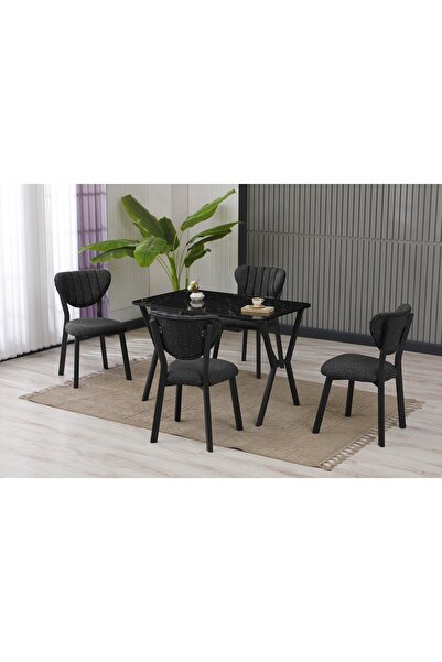 Vivense ELİS MUTFAK MASA TAKIMI, 4 SANDALYE, SİYAH, 110X70 CM, ANTRASİT