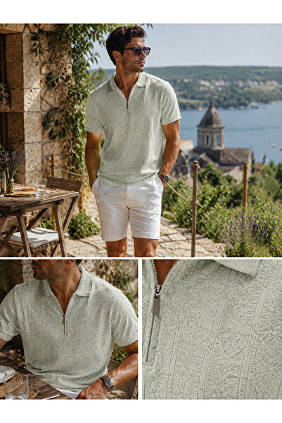 Maccali Muška trendi premium udobna zelena lanena polo majica