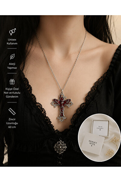 HER ŞEY NOTA www.herseynota.com Kırmızı Kelebek Detaylı Gotik Haç Kolye – Uni...