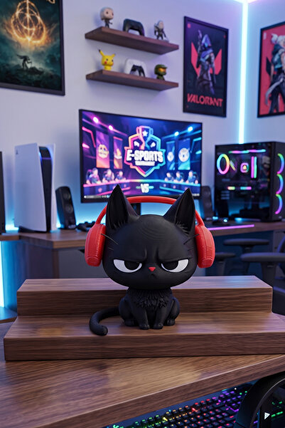 KLYNO Kedi Biblosu - Huysuz Gamer Kedi Biblo - Kulaklıklı Oyuncu Kedi Masa Üs...