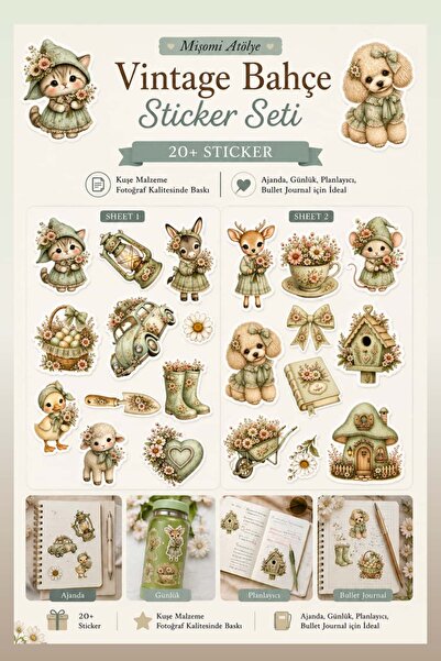 Mişomi Atölye Vintage Bahçe Sticker Seti | 20+ Sticker | Ajanda, Günlük, Plan...
