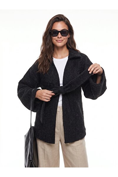 ONLOOX Black Melted Cashmere Fabric Shirt with Collar Tie Detail, Long Sleeve...