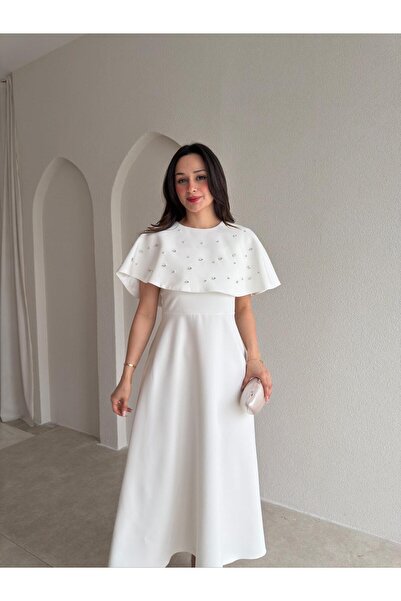 Mooi Butik فستان تاتي ستون كيمونو ميدي 4387 - أبيض