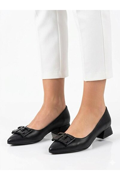Lütfi Women's Black Thick Heel Comfortable Fit Heeled Ballerina Shoes