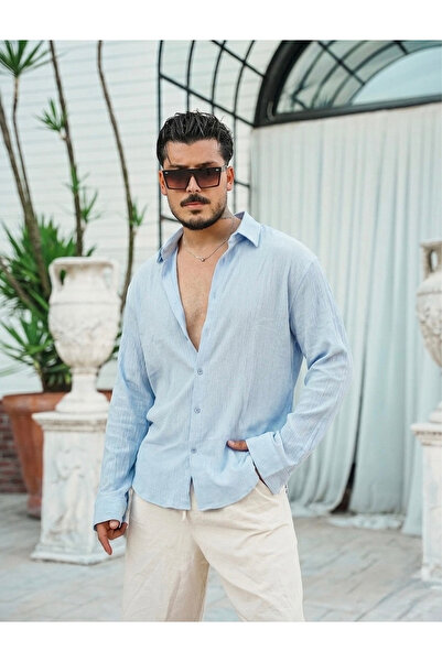 OUTFİT MAN قميص أساسي مريح من القطن الناعم باللون الأزرق الفاتح