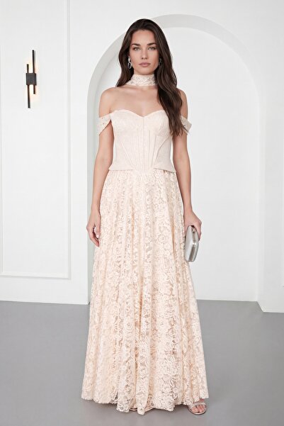 Lafaba Women's Beige Boat Neck Underwire Long Lace Evening Dress